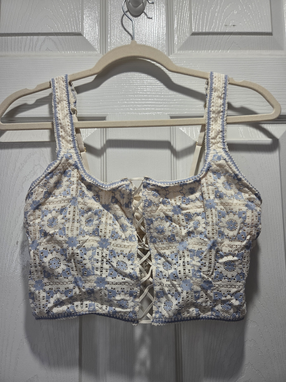 Aerie Eyelet Lace-Up Crop Bra Top Cream & Light Blue